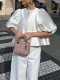 Loose Puff Sleeves Hollow Solid Color Split-Joint Round-Neck Blouses