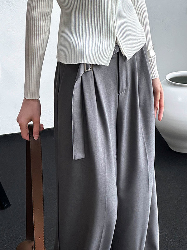 High Waisted Loose Belt Buckle Solid Color Suit Pants Trousers