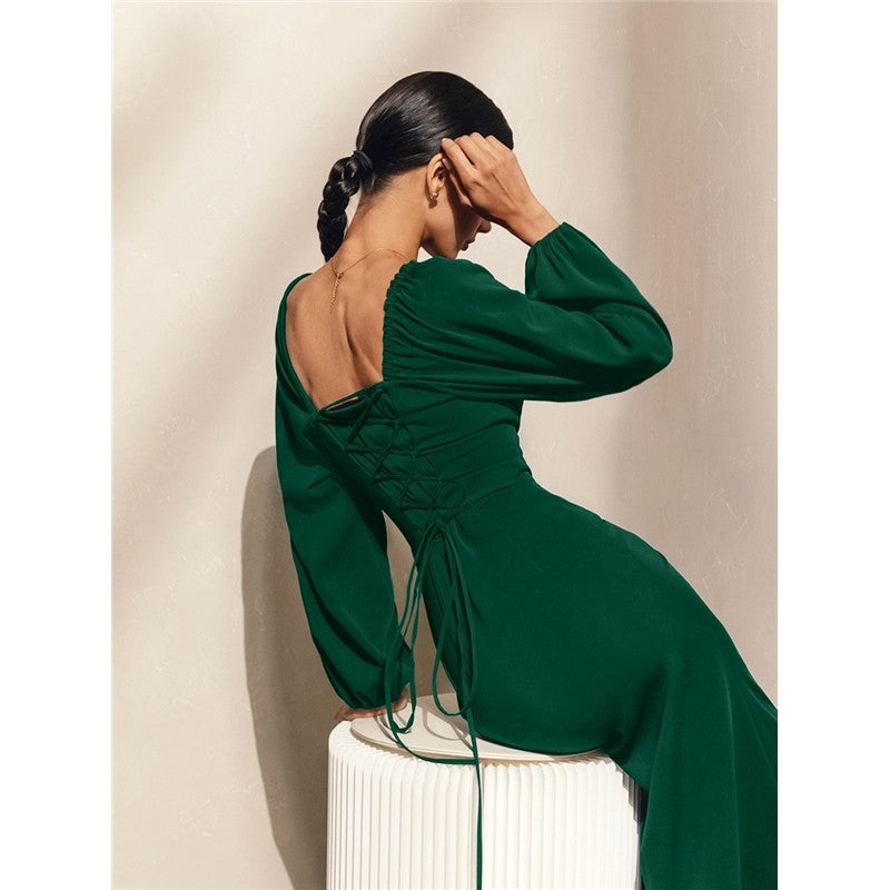Solid Color Long Sleeve Square Neck High Waisted Side Slit Back Bandage Dress

Enhanced Version: "Square Neck Long
