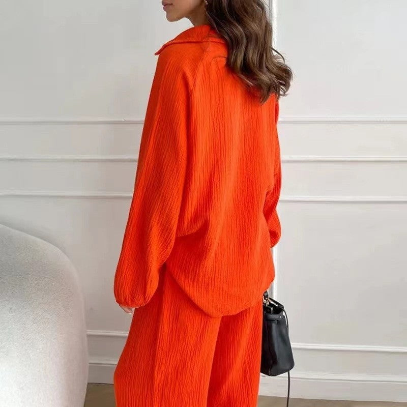 Solid Color Long Sleeve Lapel Blouse and Pants Set