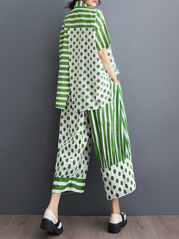 Half Sleeves High-Low Asymmetric Contrast Color Polka-Dot Split-Side Striped Lapel Blouses Top + Pants Bottom Two Pieces Set