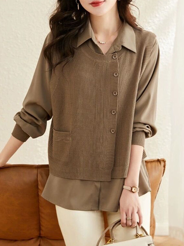 Long Sleeves Loose Solid Color Lapel  Inner Shirt + Buttoned Pockets Outer Knit Vest Two Pieces Set
