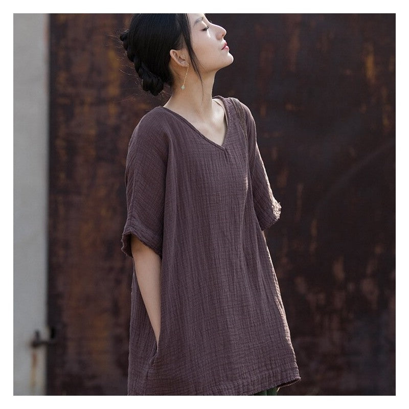 Solid Color Double-Layer Bamboo Joint Literary All-Match T-Shirt