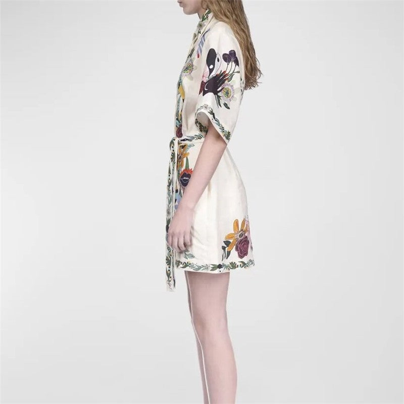 Floral Print Short Sleeve Dress with Ribbon Accent