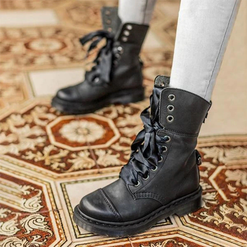 Women's British-Style Lace-Up Ankle Boots | Round Toe Flat Boots