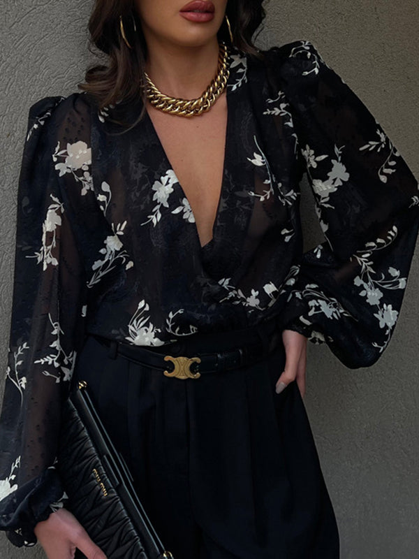 Loose Puff Sleeves Gauze Jacquard Lace-Up Pleated See-Through V-Neck Blouses&Shirts Tops