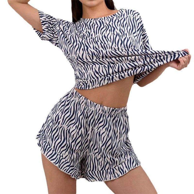 Leaf Print Hem Short Sleeve Pajama Set