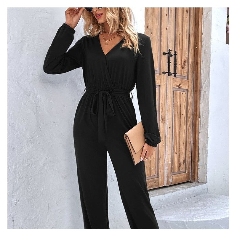 High-Waisted V-Neck Long Sleeve Belted Jumpsuit