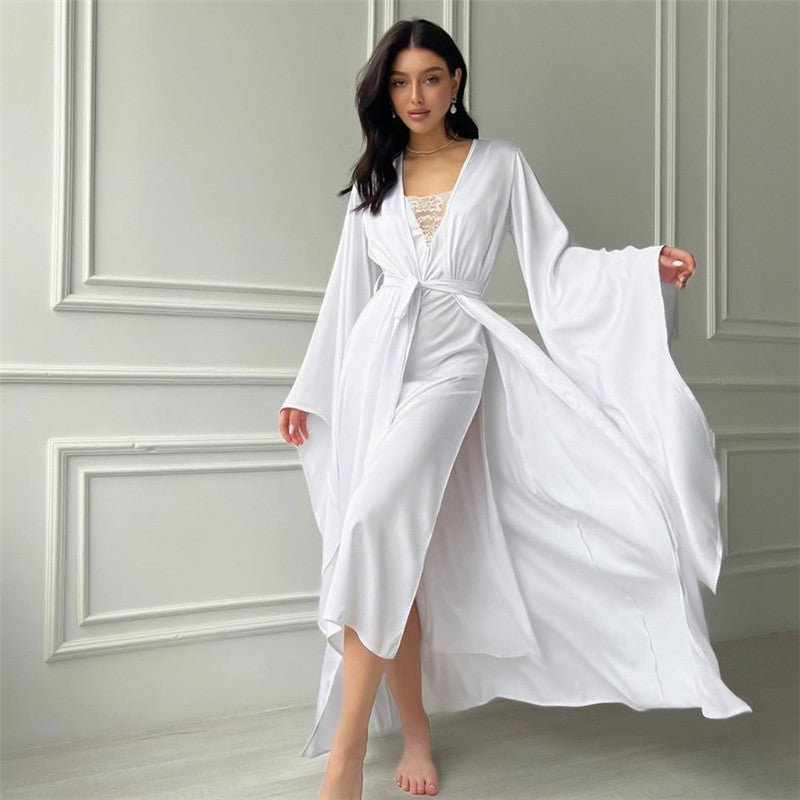 Lace Patchwork Nightdress and Robe Set with Adjustable Straps - Elegant Loungewear