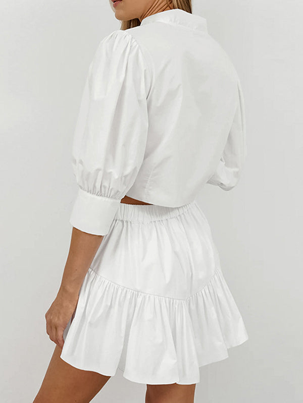 Half Sleeves Loose Buttoned Pleated Solid Color Split-Joint Stand Collar Blouses Top +  Skirts Bottom Two Pieces Set