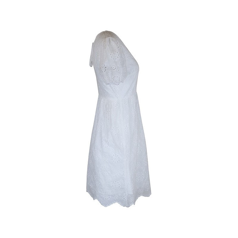 Stylish V-Neck Bubble Sleeve White Dress