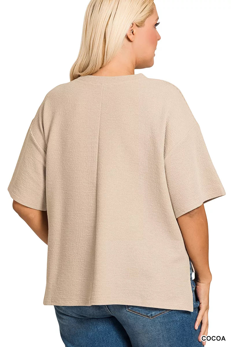 Full Size Double Knit Side Slits Hi Low Short Sleeve Top Plus Size
