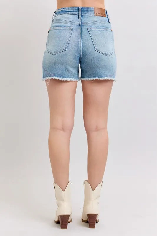 Full Size High Waist Western Embroidery Detail Cut Off Denim Shorts Plus Size