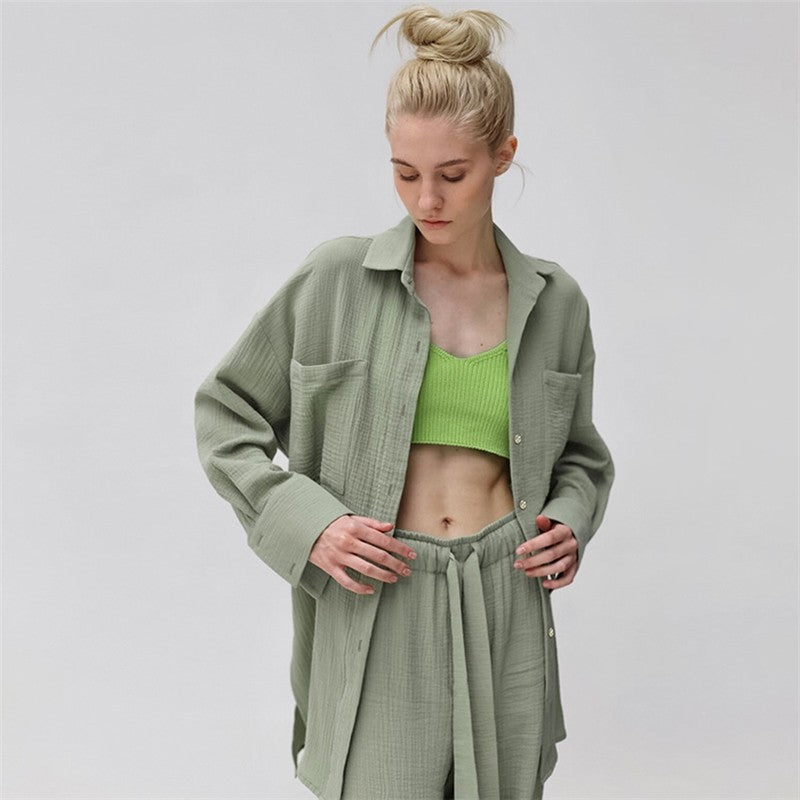 Solid Color Loose Long Sleeve Lapel Buttoned Waist Tied Blouse and Pants Two-Piece Loungewear Set