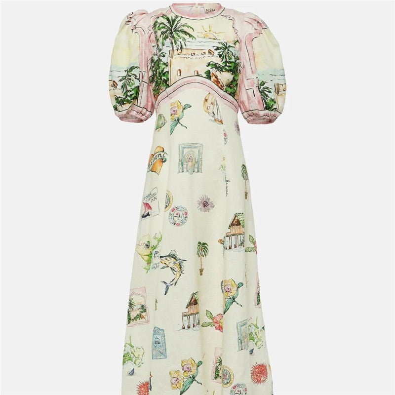 Stylish Printed Bubble Sleeve Bodycon Dress