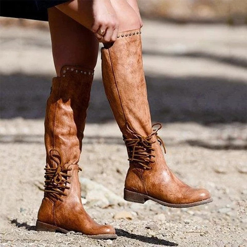 Women's Lace-Up Leather Boots | Round Toe Chunky Heel High Shaft | Black & Brown