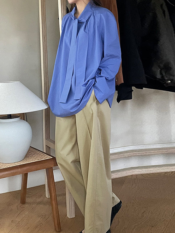Long Sleeves Loose Solid Color Split-Joint Streamer High Neck Blouses