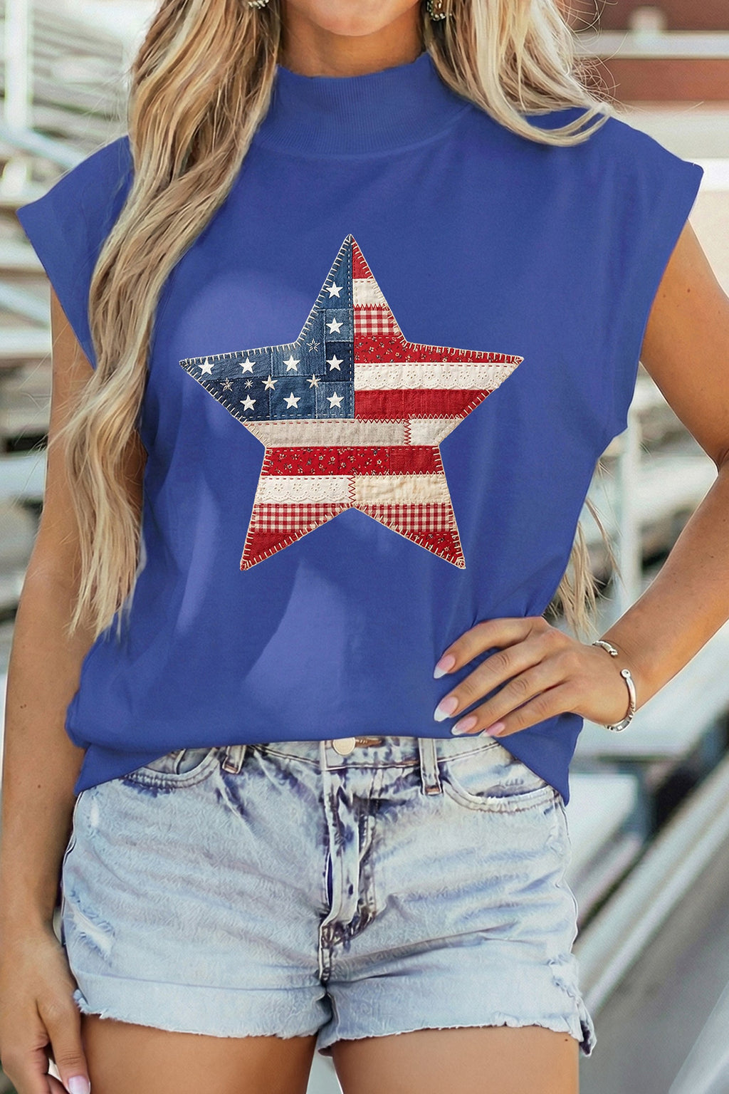 Sky Blue Faux Patchwork Patriotic Star Printed High Neck Top