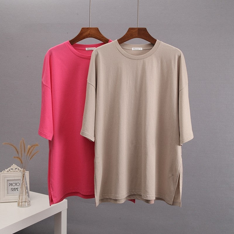 Casual Loose Crewneck T-Shirt with Side Slit - Solid Color