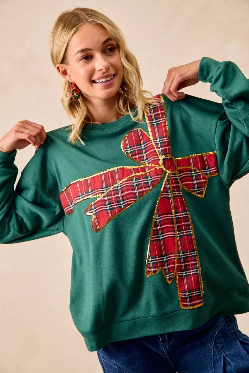 Plaid Ribbon Bow Detail Christmas Fleece Pullover
