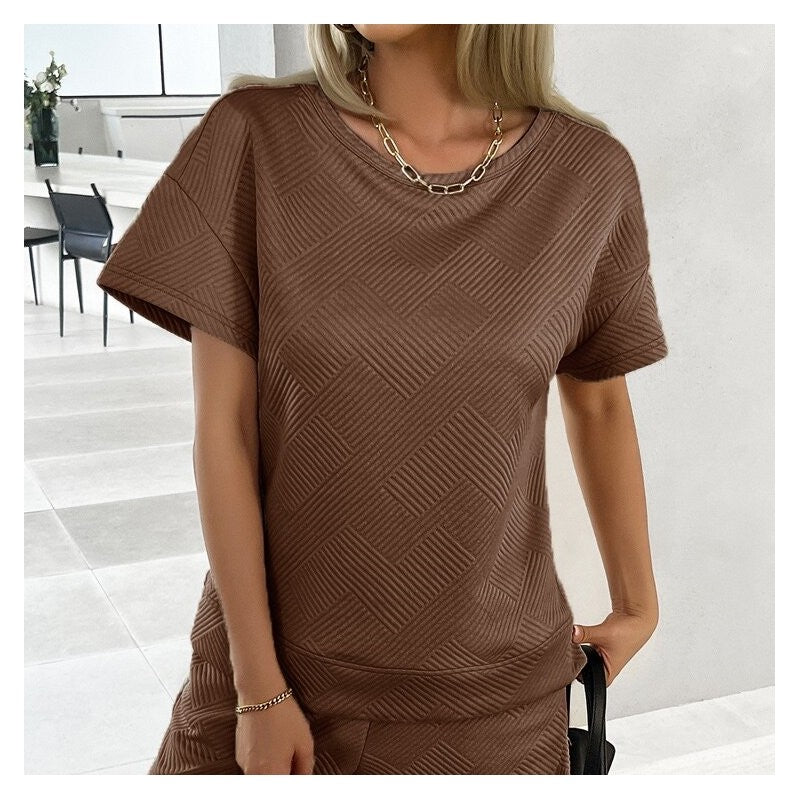 Knit Casual Round Neck Top and Shorts Ensemble