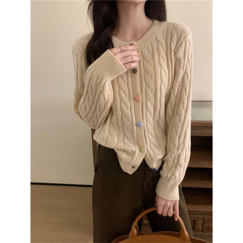 Solid Color Long Sleeve Heart Shaped Buttons Twists Cardigan Sweater