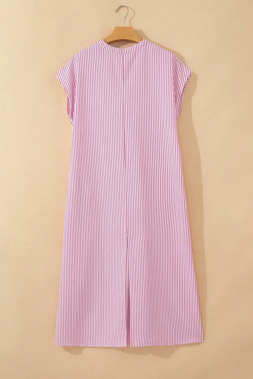 Red Stripe Frilled Detail Half Buttons Short Sleeve Long Dress