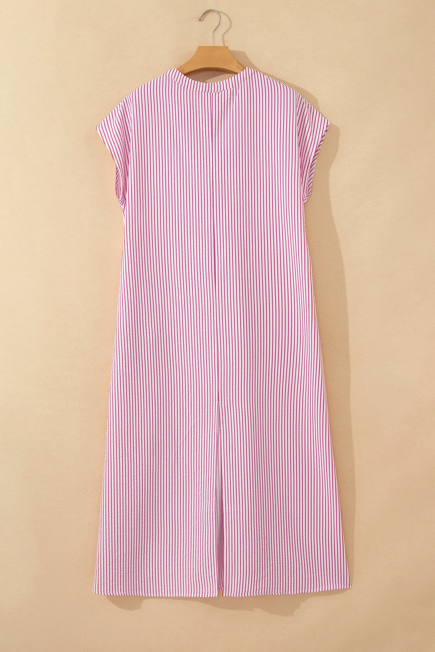 Red Stripe Frilled Detail Half Buttons Short Sleeve Long Dress