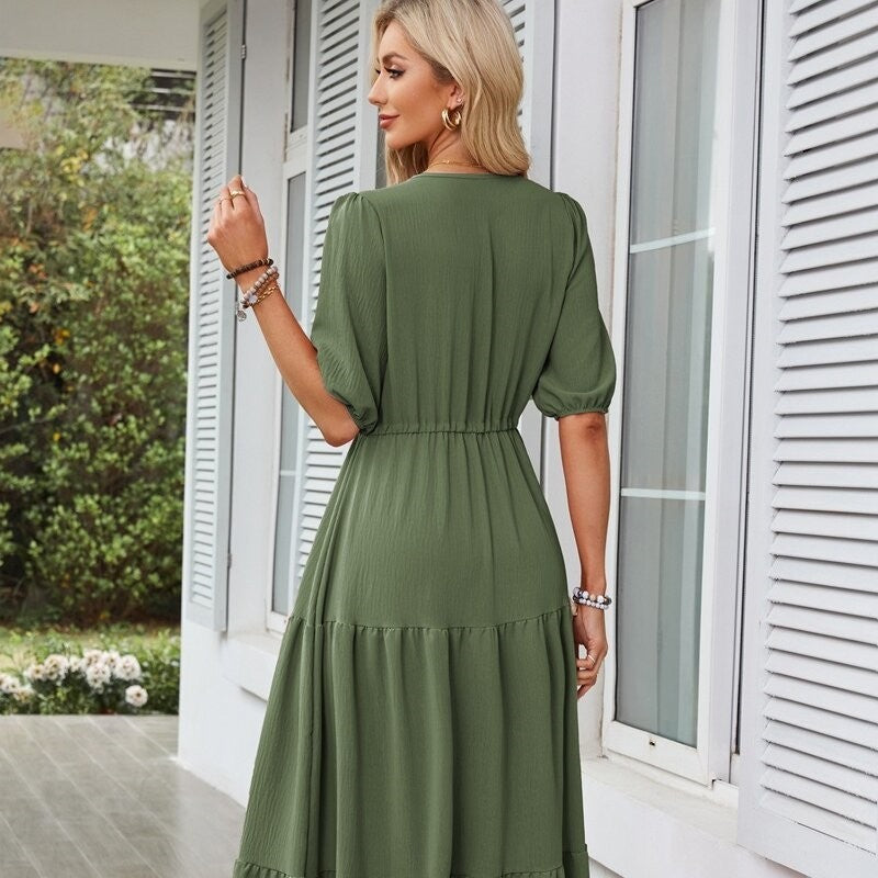 Vibrant V-Neck Drawstring Dress with Split Short Sleeves
