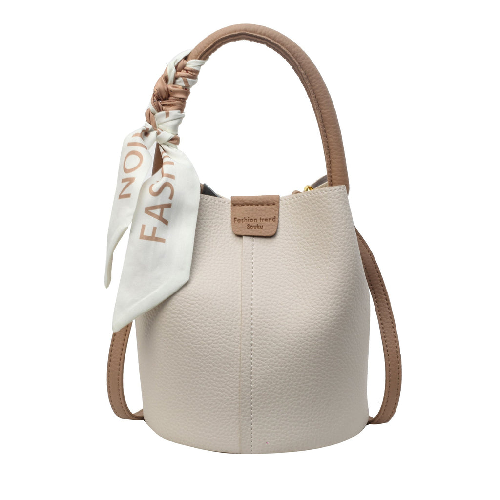 Women's PU Leather Bucket Tote Bag with Silk Scarf Detail – Everyday Shoulder Handbag