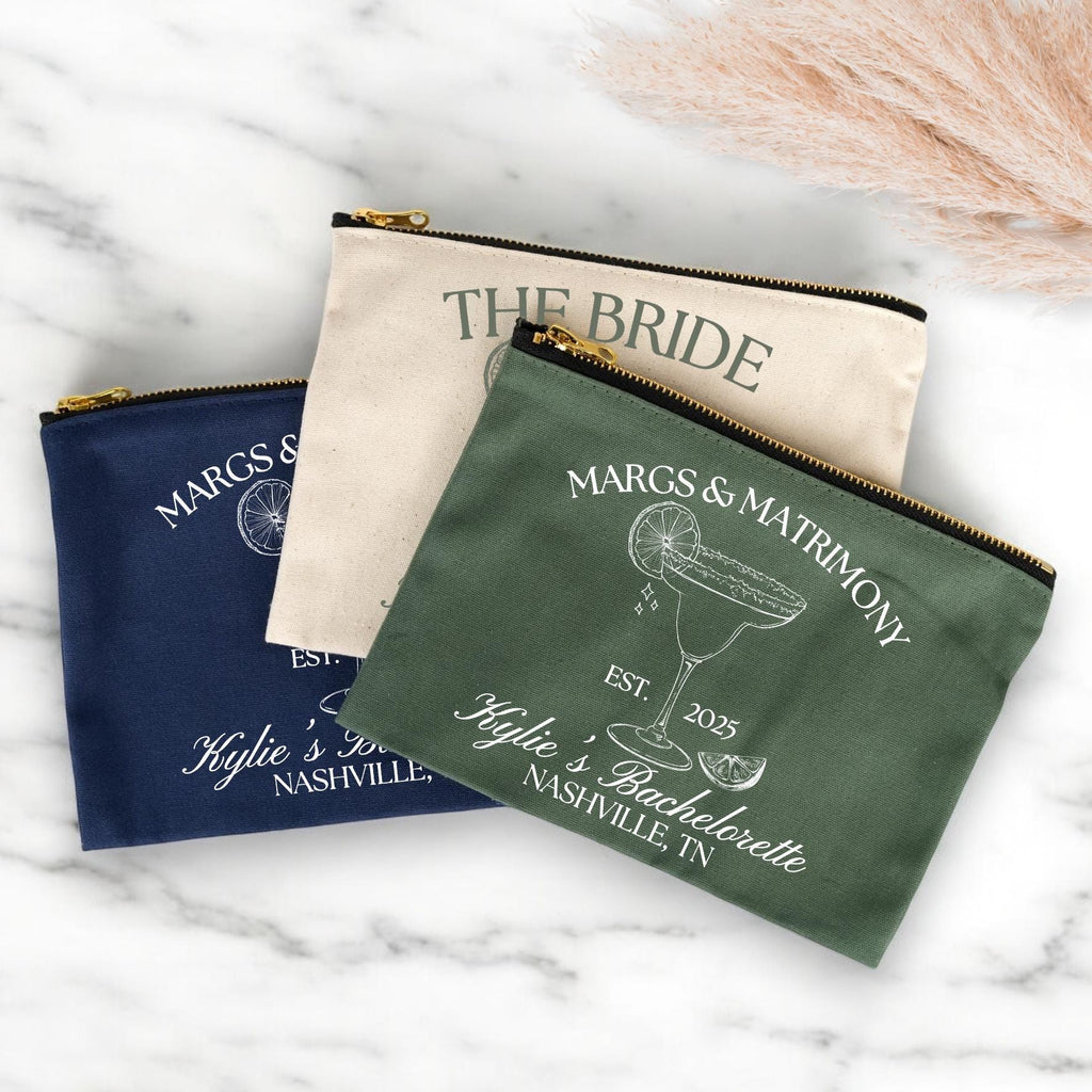 Margs and Matrimony Cosmetic Bag, Custom Bridesmaid Make Up Bag, Bridesmaid Favors, Bachelorette Party Favors, Bachelorette Bag, Bach Party