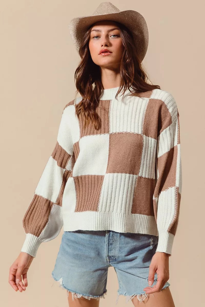 Ribbed Color Block Checkered Plaid Sweater