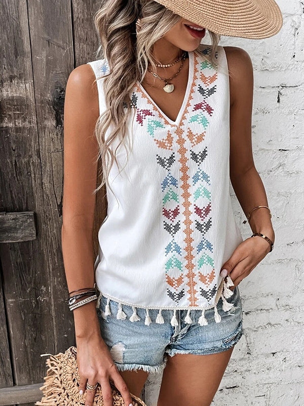 Loose Sleeveless Embroidered Tasseled V-Neck Vest Top