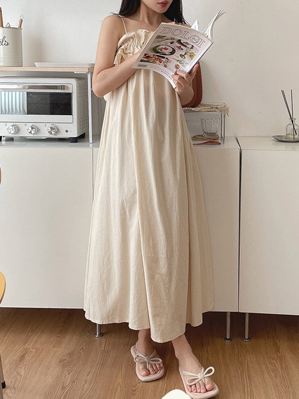 Loose Sleeveless Elasticity Pleated Ruffled Solid Color Spaghetti-Neck Midi Dresses Pajama Dress