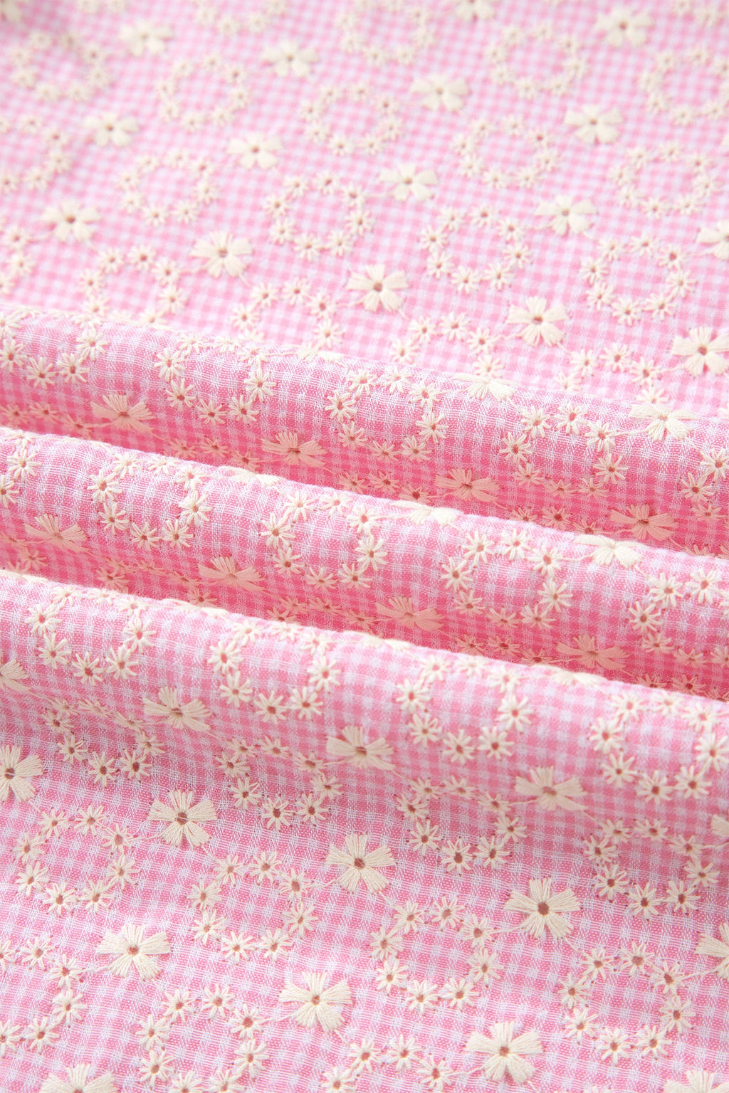 Pink Eyelet Embroidered Flower Texture Contrast Lace Trim Flutter Sleeve Blouse
