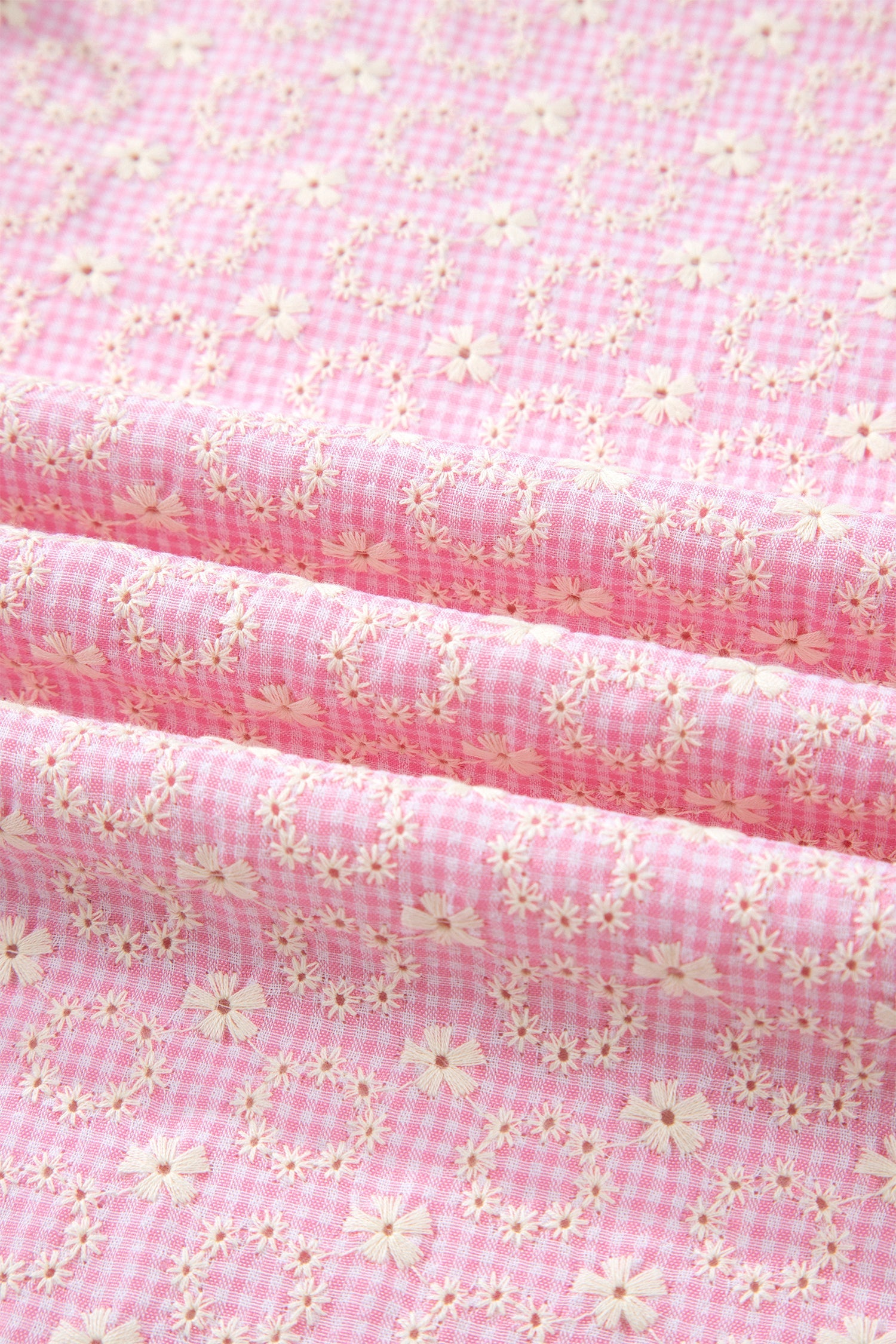 Pink Eyelet Embroidered Flower Texture Contrast Lace Trim Flutter Sleeve Blouse