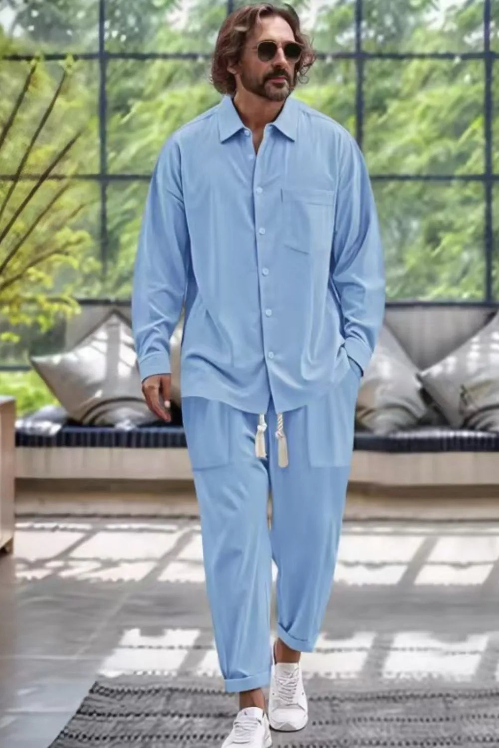 Men's Collared Neck Long Sleeve Top and Pants Set Plus Size