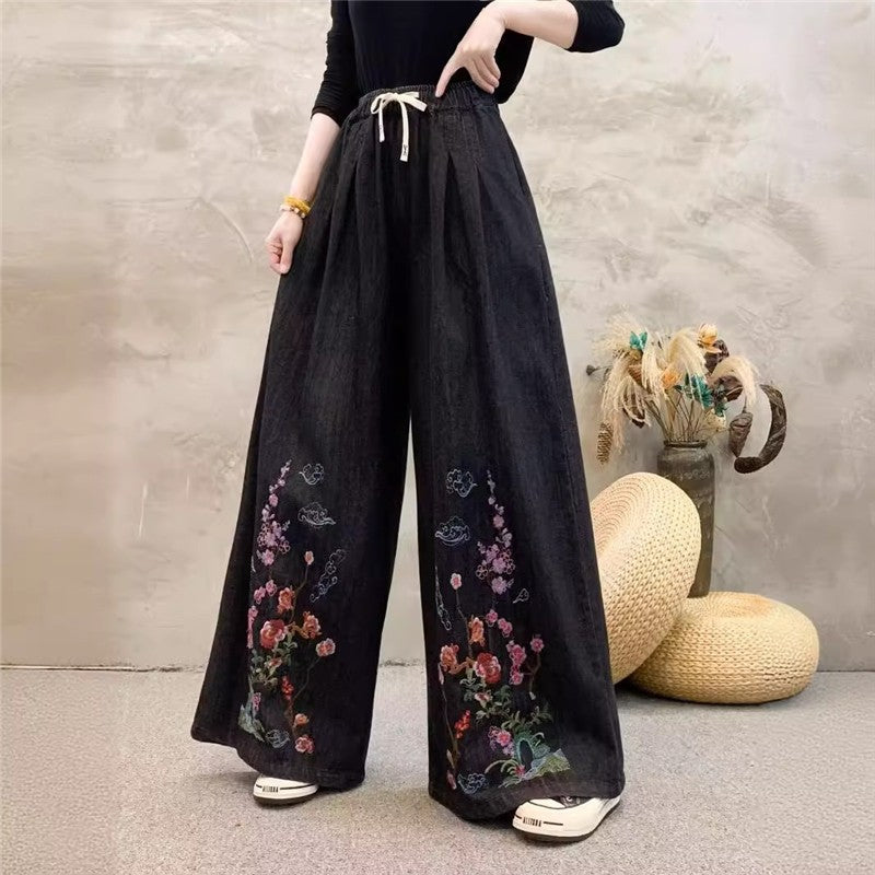 Embroidered High-Waisted Wide-Leg Pants With Tie Waist