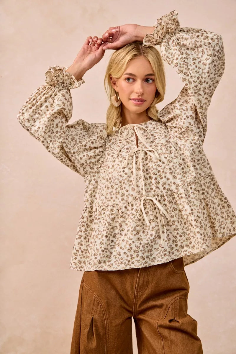 Floral Printed Peplum Blouse with Shirring and Tied