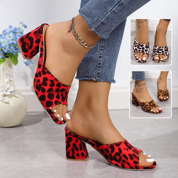 Women's Leopard Print Square Toe Chunky Heel Sandals - Slip-On Block Heel Summer Sandals