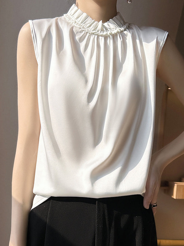 Loose Sleeveless Pleated Ruffle Trim Solid Color Stand Collar Vest Top