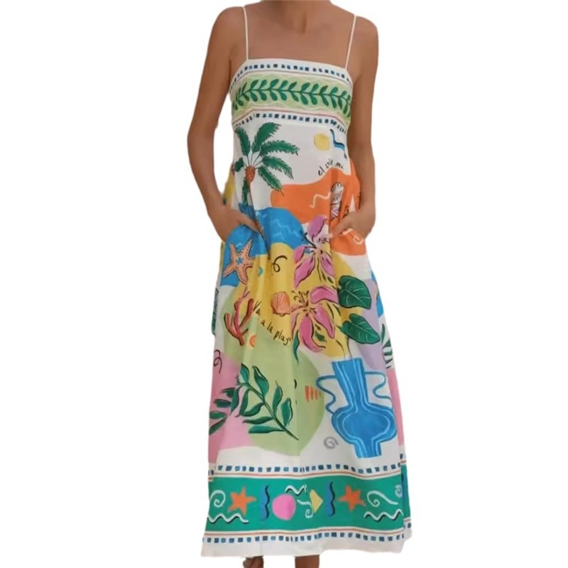 Sleeveless Swing Dress with Printed Camisole Top
