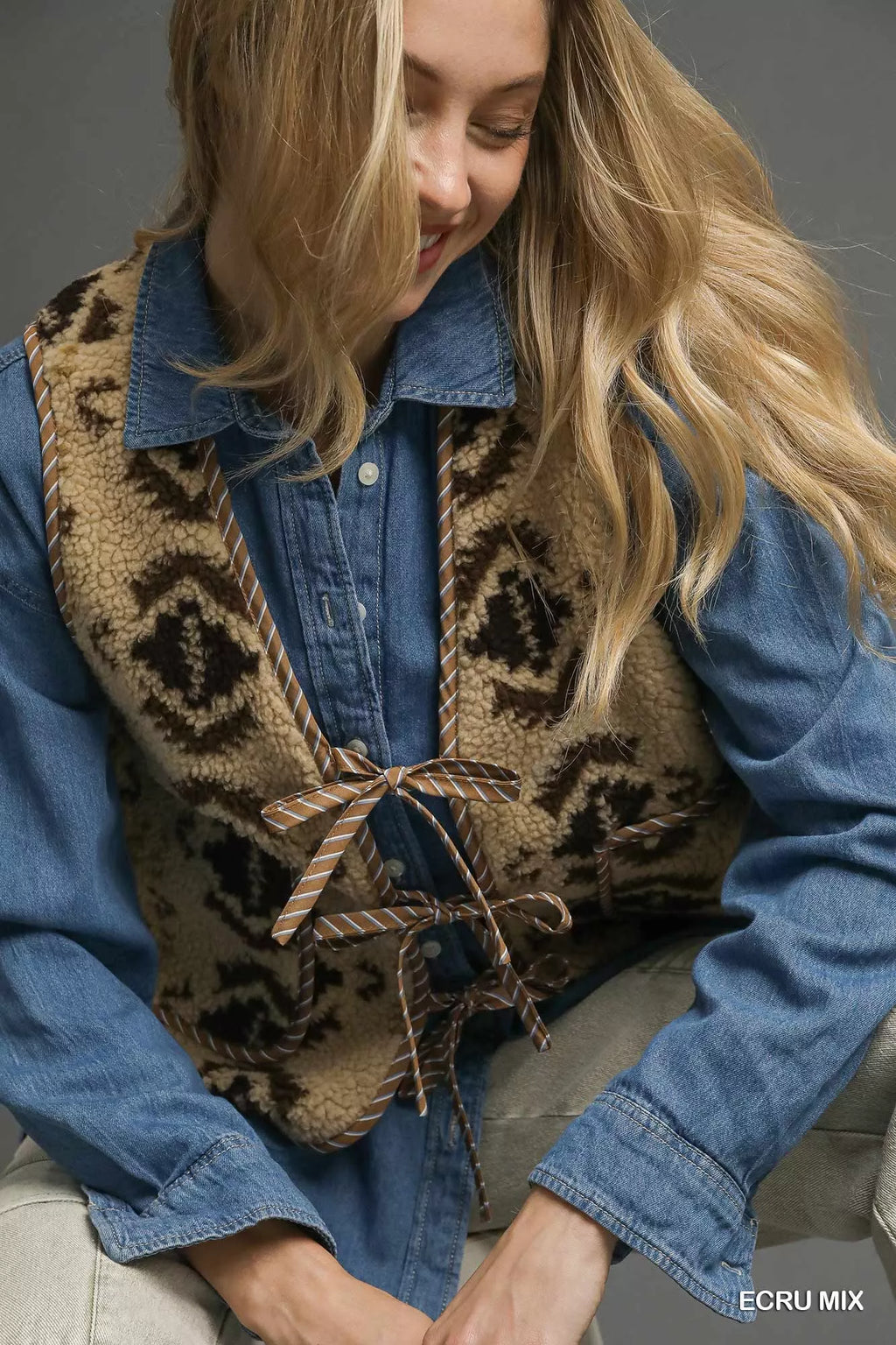 Mix Patterned Sherpa Tie-Front Vest