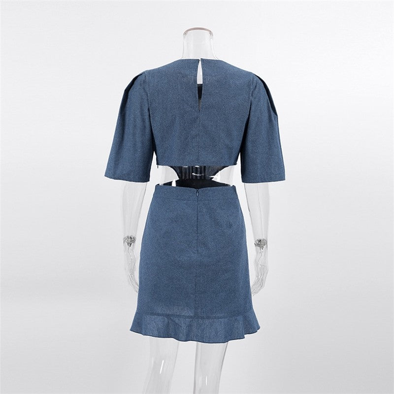 Denim Skirt with Bubble Sleeves and Low Waist - Casual Chic