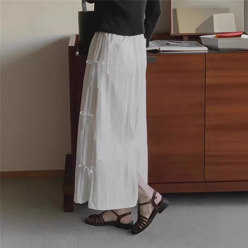 Solid Color Bow Tie Waist Midi Skirt