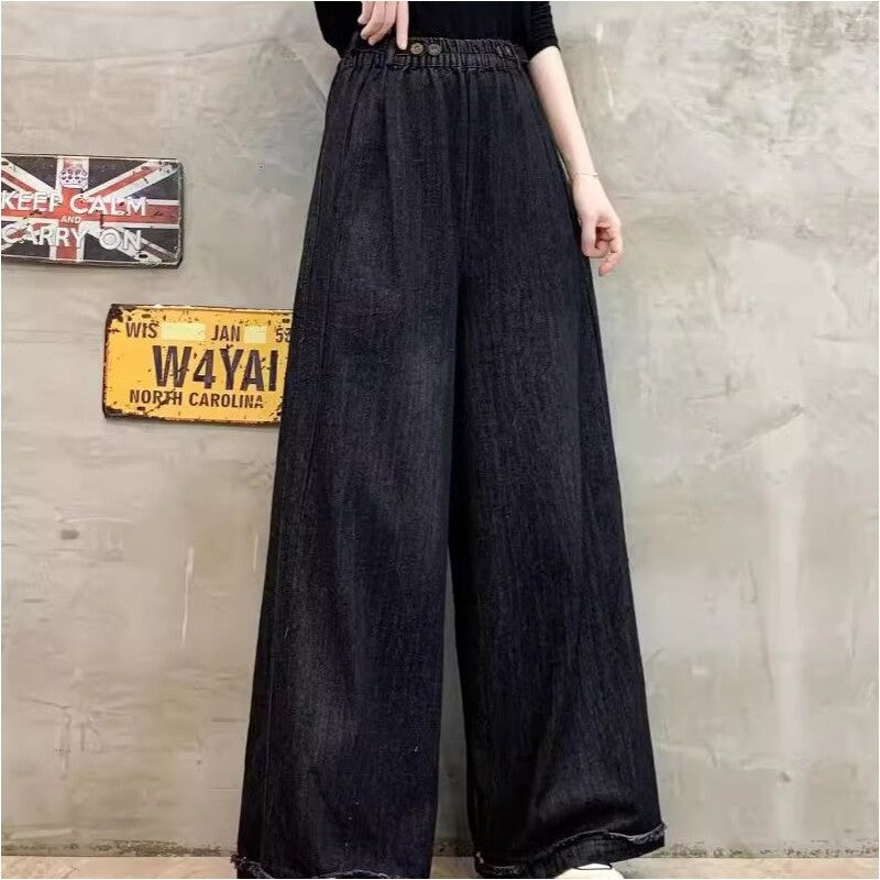 High-Waisted Solid Color Elastic Wide Leg Straight Pants