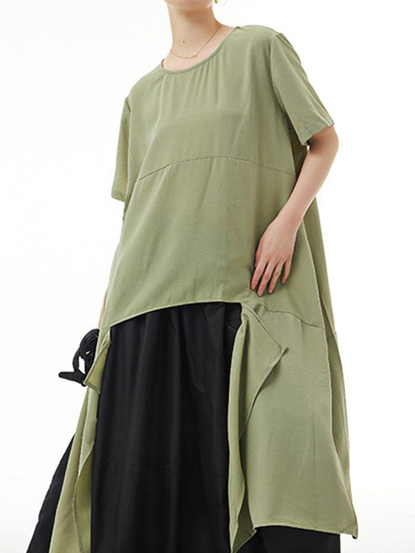 Irregular Clipping Loose Solid Color Round-Neck Midi Dresses