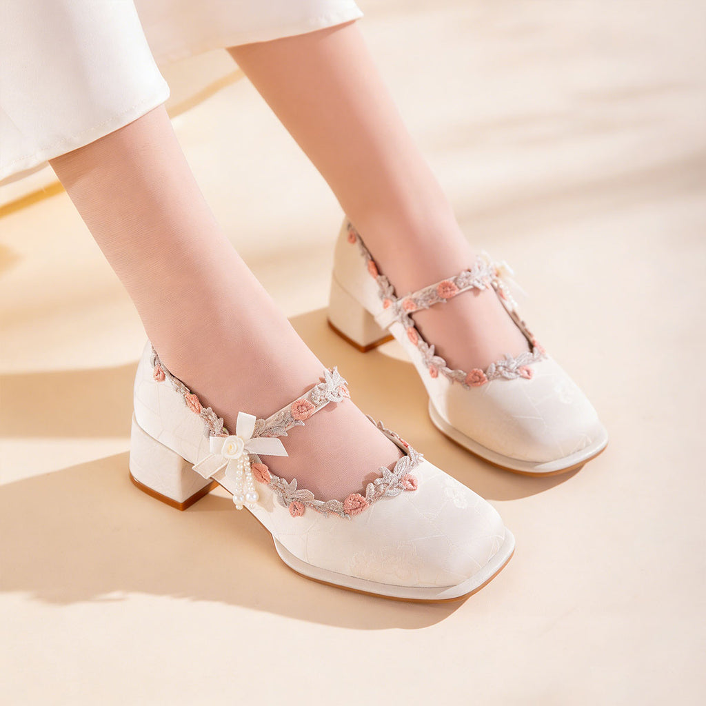 Women's Oriental Jacquard Satin Mary Jane Heels | Embroidered Lace Pearl Square Toe