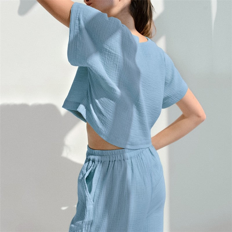Solid Color Short Sleeve V-Neck Top and Pants Two-Piece Loungewear Set
