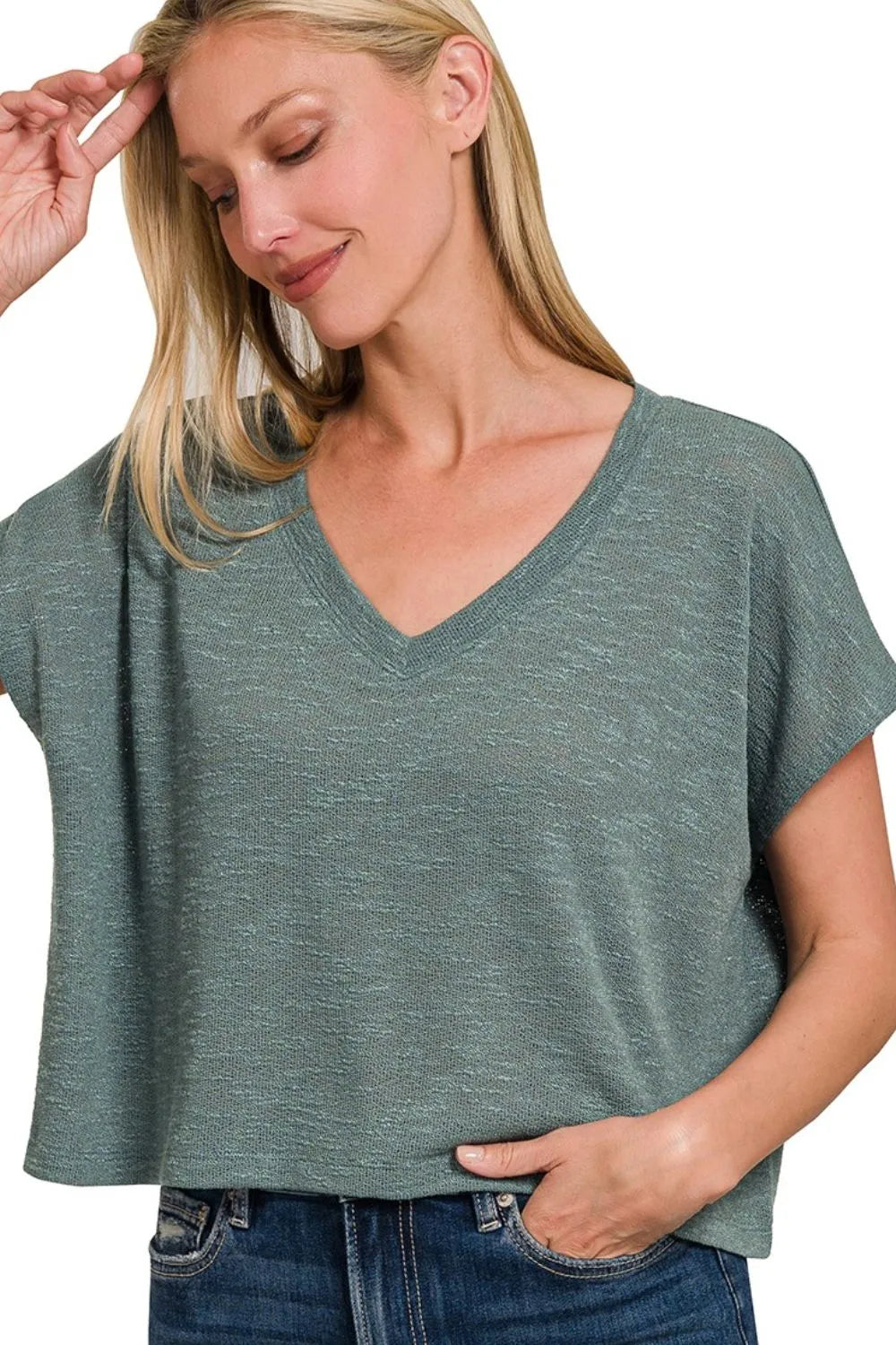 Hacci Slub V-neck Drop Shoulder Crop Top